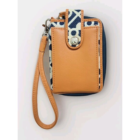 Spartina Daufuskie Blue White Genuine Leather Natural Linen Card Wallet Wristlet - Picture 2 of 5